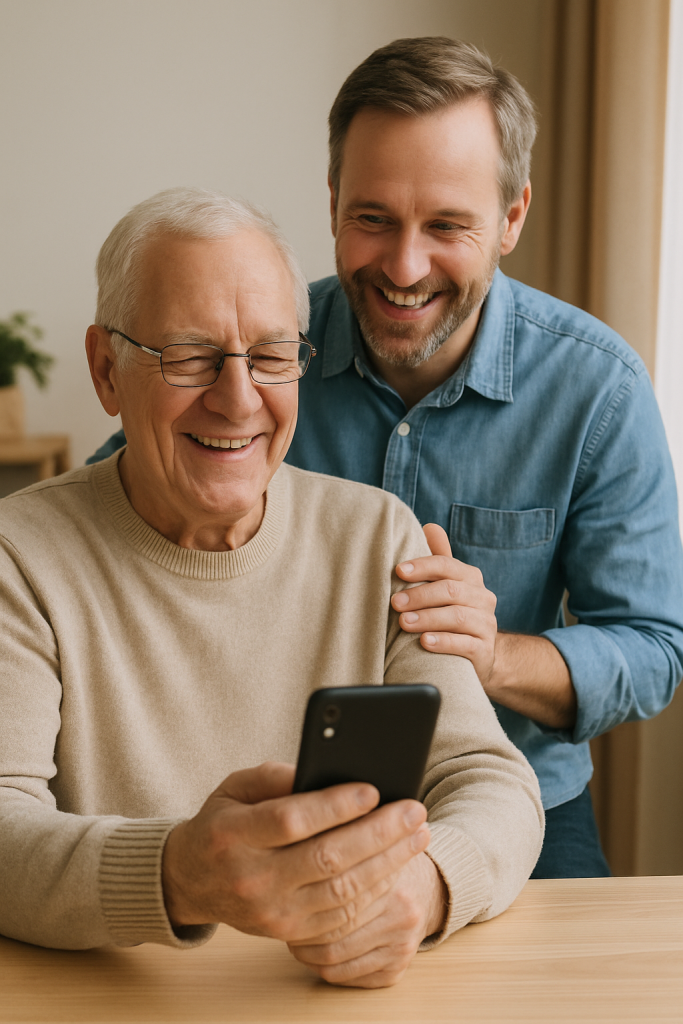 Senior Looking at Phone with Man looking over his shoulder